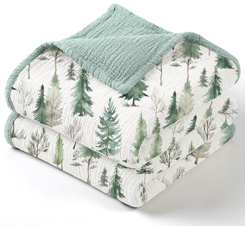lulumoon Musselin-Babydecke – Baumwoll-Steppdecken für Kleinkinder | wendbare Kinderbettdecke für Babys, Jungen und Mädchen, 120 x 120 cm (Kiefernwald)