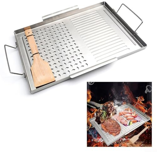 Grande plaque de gril antiadhésive en acier inoxydable avec poignée, outil de barbecue, plat de cuisson, pour intérieur et extérieur, barbecue, œufs, steaks