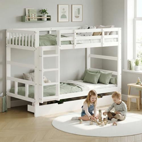 Lit Superposé 2 Places Démontable avec 2 Tiroirs de Rangement,étagères Ouvertes,Barrières de 4 Côtés,Lit Superposé Enfant 90x200 cm en bois massif avec Sommier à Lattes,pour Garçons Filles (Blanc)