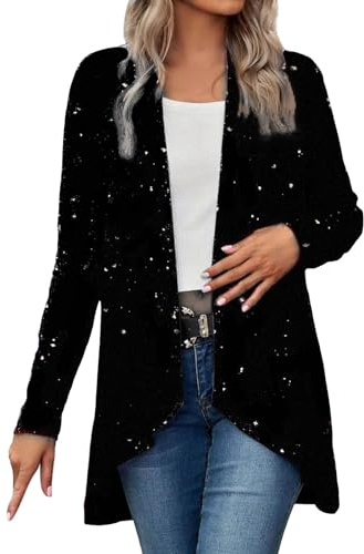 Bauzuoyo Pailletten Blazer Damen Langarm Open Front Glänzende Cardigan Elegant Glitzer Jacke Nightclub Festliche Party Sakko Einfarbig Mode Unregelmäßig Mantel Weihnachten
