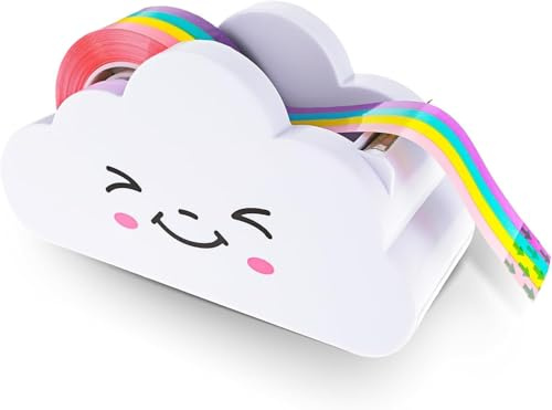 White Tape Desk Dispenser, 2025 New Mini Tape Dispenser Cloud Tape Cutter with Rainbow Novelty, Tape Dispenser Desk for Home School Office