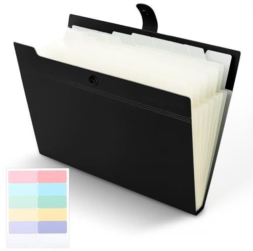 Thboxes Fächermappe A4, Erweiterbare Dokumentenmappe mit 12 Fächer, Wasserdichte Ordnungsmappe Mappe mit Fächern Dokumententasche A4 Mappen Ordnersystem für Schule Büro Zuhause (Schwarz)
