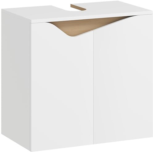 HOMCOM Meuble sous lavabo, Meuble de Salle de Bain avec 2 Portes à Fermeture Douce, Armoire de Salle de Bains sous lavabo, Style Moderne, 60 x 35 x 57,9 cm, Blanc et Bois Naturel