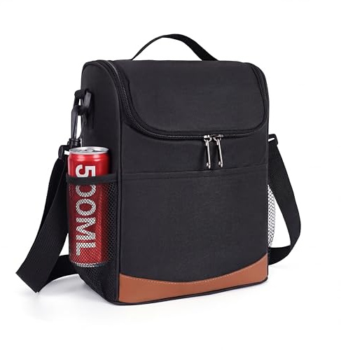 seyfocnia Isolierte Lunch-Tasche für Damen und Herren, wiederverwendbare Thermolunchbox mit Schulterriemen, wasserdichte und auslaufsichere Lunch-Tasche für Arbeit, Picknick und Reisen, Schwarz
