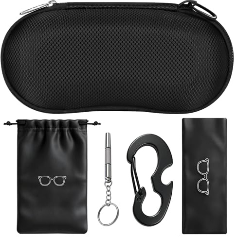 RayLove Brillenetui Hardcase, Stoßfeste Hartschalen Brillenbox mit Karabiner, Brillenputztuch, Schraubendreher & Mikrofaserbeutel für Damen Herren Sonnenbrillen