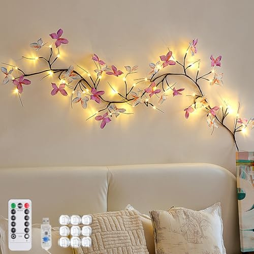 CHENBOOW Lichterkette Willow Vine,48 LED Lichterkette Schmetterling 1.6M,Willow Vine mit Fernbedienung,Weidenrebe Baum Lichter mit Schmetterling,8 Modi,für Garten Balkon Valentinstag Hochzeit Party