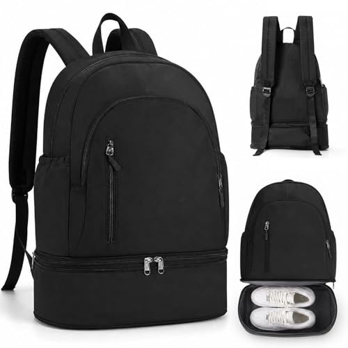 Exquilnova Gym Backpack,Waterproof Travel Backpack,Gym Bag with Shoe Compartment,Lightweight Travel Rucksack,Sports Bag for Women,Men,Casual Daypacks(Black)