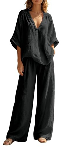 Traje de verano de dos piezas para mujer, muselina, blusa y pantalones largos anchos, conjunto de lino, traje de casa acogedor, 2 piezas, monocolor, elegante, 2 piezas, tallas grandes, O negro., XXL
