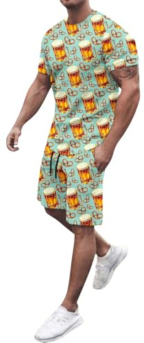 Herren 2 Teiliges Outfit Bier Motiv Kurzarm T-Shirt und Shorts Set, Sommer Trainingsanzug Freizeitanzug Sport Set, Oktoberfest Wiesn Trachtenparty Kostüm Casual Freizeitkleidung Zweiteiler Sportanzug