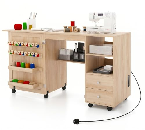 COSTWAY Folding Sewing Table with Charging Station, Craft Table (Natural)