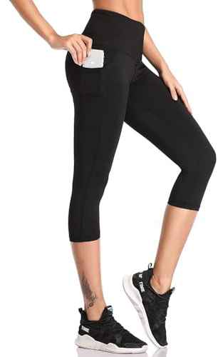 SIMIYA Womens Sports Leggings High Waist Cropped Leggings with Pockets 3/4 Length Capris Pants Sports Gym Workout Running Yoga Pants (Capris-Black,L)