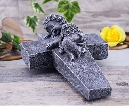 STEINFIGUREN SPICKER Steinfigur Grabschmuck Steinguss Kreuz mit Engel 195/1.0 Basaltgrau