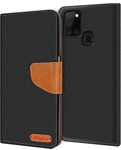 Verco Coque pour Galaxy A21s, Étui Portefeuille Compatible avec Samsung Galaxy A21s Case Textures de Fibre Housse de Protection, Noir