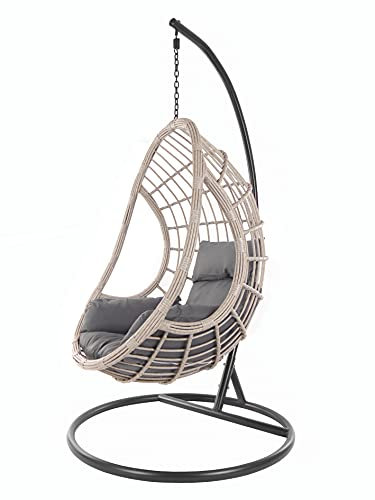 KIDEO Korbsessel: XXL Hängesessel mit Gestell & Kissen, Poly-Rattan, grau-beige (Kissen: Nest dunkelgrau [8999 Shadow])