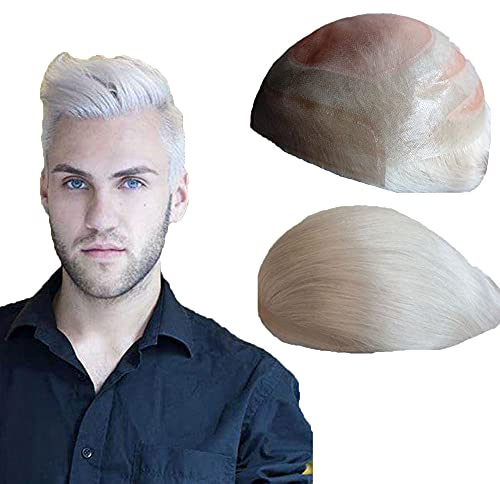 NLW Echthaar Toupet Männer Schweizer Spitze kombiniert mit PU haarsystem mann 100% Echthaar natürlicher Haaransatz Herren Echthaar perücke 110% Dichte Basis 10 * 8 Zoll (#grau)