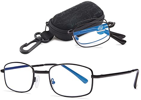 VEVESMUNDO Faltbare Lesebrille Blaulichtfilter Klappbar Metall Rechteckig Kompakt Anti Blaulicht Sehhilfe Lesehilfe Brille mit Etui für Herren Damen(1er Schwarz Lesebrille mit Hülle, 1.5+)