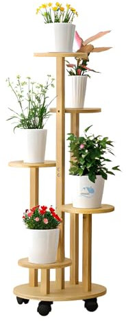 HMAKGG Blumenständer Bambus mit Rollen, 5 Etagen Pflanzenständer 90CM Blumenregal Balkon, Blumentreppe Innen für Blumentöpfe, Natur Pflanzenregal für Wohnzimmer Schlafzimmer Garten, Ø19cm