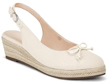 Coutgo Womens Closed Toe Espadrilles Wedges Shoes Platform Slingback Mid Low Heel Canvas Bow Dress Sandals, Beige, Size 7