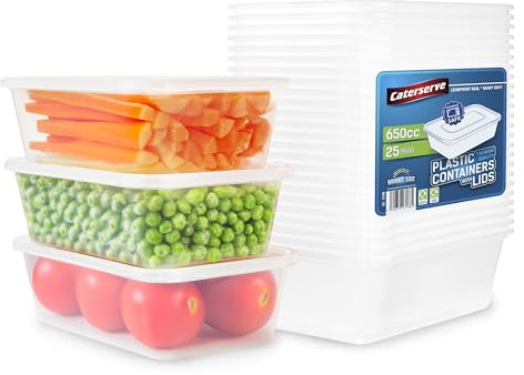 Caterserve 25 Takeaway Plastic Containers With lids 650ml - Microwave and Dishwasher safe - Ideal for Food storage and Meal Prep - BPA free,recyclable,reusable
