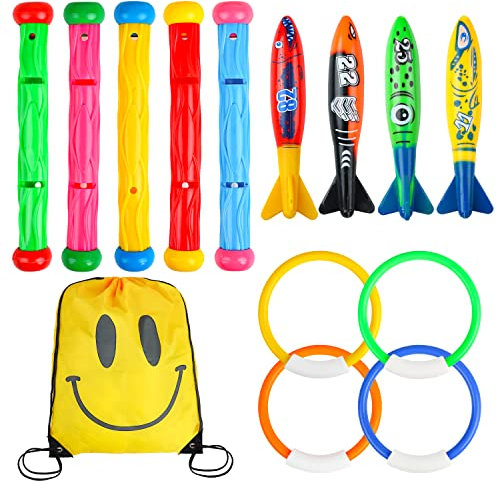 SULOLI Schwimmbad-Spielzeug, Tauchspielzeug für Schwimmbad, Sinker zum Schwimmen, Kinder, Tauchstäbchen, Tauchringe, Toypedo-Banditen für Pool-Spiele im Alter von 1 3 5 7 12 Jahren
