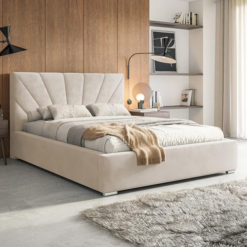 MOTIVENA Sisi Bett 180x200 Beige Samt, mit Stauraum, mit Kopfteil, mit Lattenrost, mit Füßen, ohne Matratze, Polsterbett 180x200 mit Bettkasten Beige (Creme)