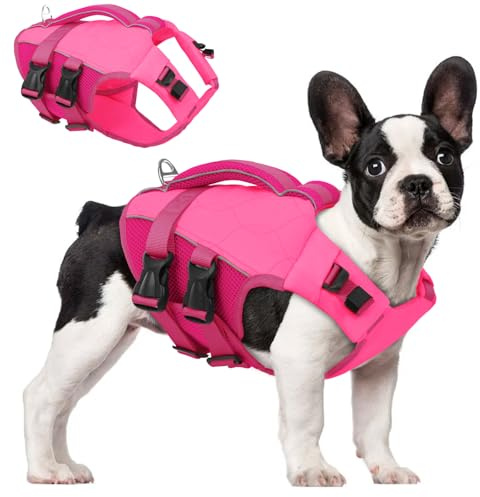 ASENKU Giubbotto Salvagente per Cani con Maniglia di Salvataggio, Giubbotto Salvataggio Cane con Elevata Galleggiabilità, Giubbotto di Sicurezza Cane Leggero Ripstop con Strisce Riflettenti Rosa S