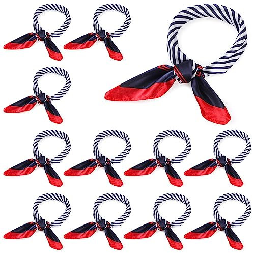 Hicarer 12 Stück Nautische Quadratische Halstücher Rot Weiß und Blau Matrosen Schals Imitierte Seidenschals (Klassisch Stil)