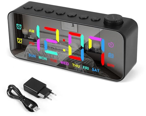 Hepzest Réveil Radio numérique avec Surface Miroir, réglage luminosité/Volume, Double Alarme, Mode Semaine/Week-End, Snooze, Radio FM, Port USB. Idéal pour Chambre à Coucher et Table de Chevet.