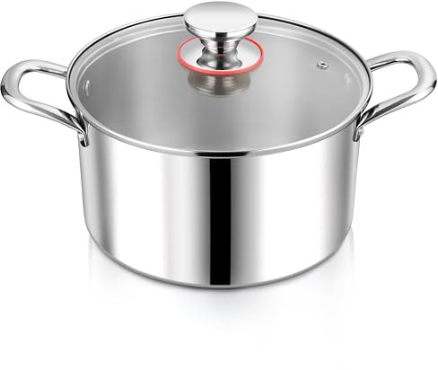 Herogo - Cacerola de acero inoxidable para inducción con tapa de cristal, diámetro de 26 cm, 8 QT, olla para carne, pasta y espaguetis para cocinar, saludable y sin revestimiento, apta para horno,