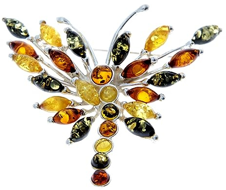 Broche de plata de ley 925 con ámbar báltico auténtico y mariposa inusual – 4155, Plata esterlina, Ámbar