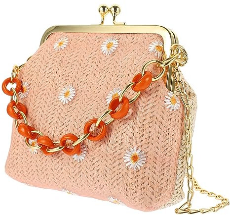GALPADA Strohtasche Umhängetasche Clip Tasche Stroh Sommer Tasche Bestickte Rosa Boho Stil Für Damen