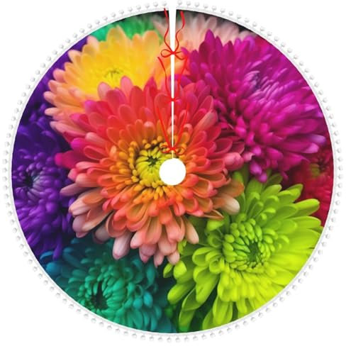 Schöner Weihnachtsbaumrock mit Regenbogen-Blumen, Chrysanthemen, mit Bommelbesatz, Weihnachtsbaumrock für Urlaubsparty, weiche Weihnachtsdekorationen, Weihnachtsbaummatte, Basisabdeckung für neue Yea