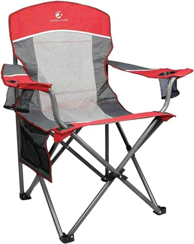HIGH POINT SPORTS Campingstuhl Faltbar Angelstuhl Mesh-Rücken Klappstuhl Camping Stuhl 160 kg Belastbar Anglerstuhl mit Armlehne Getränkehalter Stahlrahmen Tragbar Campingsessel (Rot)