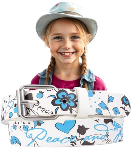 EANAGO Gürtel >PEACE AND LOVE für Kinder - moderner Kindergürtel mit Blumemmuster - für Mädchen von ca. 3-12 Jahren - Kindergürtel Mädchen - Gürtel Kinder (blau)