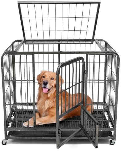 Starbover Hundekäfig für Zuhause, Hundegitterbox Doppeltür für Große & Mittelgroße Hunde Indoor, Hundekäfig Wohnung mit abnehmbarem Tablett und 2 abschließbaren Rädern 94x64x84cm