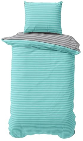 Visaggio Bettwäsche 155x220 cm 2 teilige Bettbezug Set Türkis Grau Damast Stripe Wendebettwäsche Bettwaren 70% Baumwolle 30% Polyester