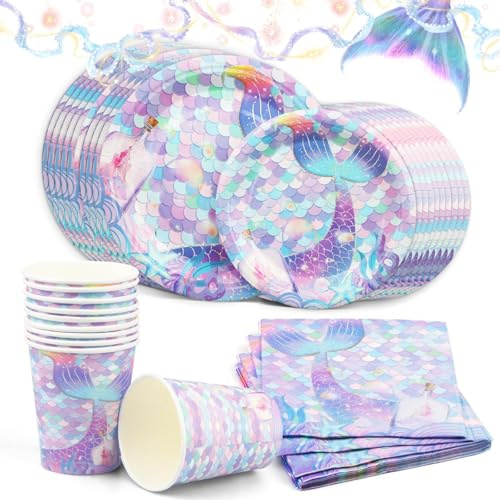 Sirène Vaisselle de Fête Assiette for 10 People, 50 Pièces Assiette Jetable Anniversaire, Kit Vaisselles Anniversaire Anniversaire, Inclure 20Assiettes, 10 Gobelets, 20 Serviettes