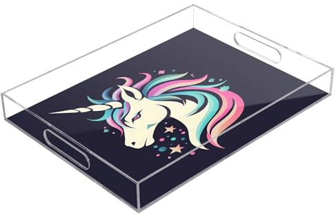 Unicorn Horse Acrylic Serving Trays, Clear Rectangular Tray with Handles Serving Platter for Coffee Table Kitchen Bathroom