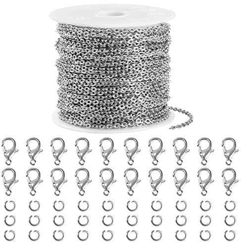 Jesustree 10m Gliederkette Edelstahl Schmuckketten zum Basteln, 2mm Halskettenketten Zubehör mit 30 Biegeringen und 20 Karabinerverschlüsse für Schmuck Basteln Herstellung DIY, Silber