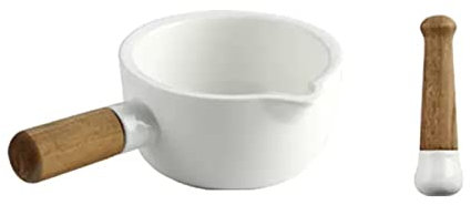 BESTHAHA Mortero y Maja de Porcelana Mortero y Maja Molinillo de Hierbas de cerámica Juego de trituradora con Pico y Mangos de Madera Mortero y Maja de Porcelana Blanca de 4,9 pul