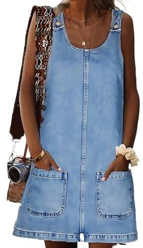 SUIUOI Robe Courte en Jean pour Femme, Robe Mini en Denim Ajustée, Col U, Sans Manches, Tunique Tank, A-Ligne, Robe d'Été Décontractée, XL
