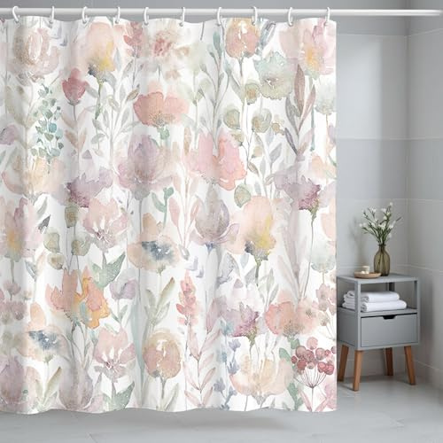 H HOMEWINS Duschvorhang 180x200 cm Polyester Textil mit Muster, Waschbar und Schimmelresistant, Wasserdicht und Schnell Trocknend, Badevorhang mit 12 Duschvorhangringe - Frühlingsblumen