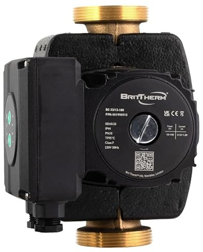BritTherm B3 32/12-180 Bronze Hot Water Pump - Intelligent Secondary Recirculator, 180mm Inline, 2 Connections, 9 Modes (Auto/Night), High Power 12m Head, 7.3 m³/h, Includes Jacket & Plug