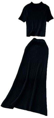 Damen-Strickset, kurzärmeliger Pullover + einfarbiger elastischer Taillenrock, Schwarz , Einheitsgröße