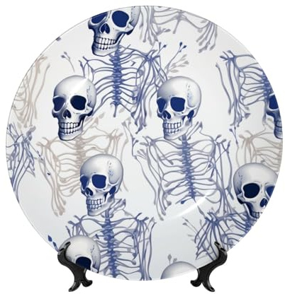 WLKSNBVD Assiette décorative en porcelaine anglaise de 25,4 cm, motif squelette bleu, assiettes à dîner en céramique avec support de présentation, assiettes en porcelaine pour la maison, le bureau, la
