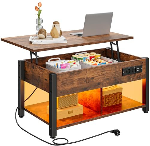 YITAHOME Couchtisch mit Anhebbarer Platte, Leicht Anzuheben, 2-Stufiger Stauraum, Höhenverstellbarer Couchtisch mit Verstecktem Staufach und LED Beleuchtung für Wohnzimmer, Büro, Vintage-Braun