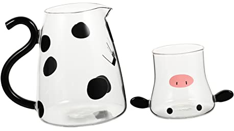 SOIMISS Pichet à Eau En Verre 550ml Bouilloire à Lait Micro-ondes Bouilloire De Dessin Animé Motif Vache Ensemble Tasse Pour Usage Domestique