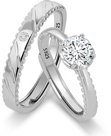 Meissa Alianzas de Plata para Pareja Anillos de Compromiso Ajustables para Hombres y Mujeres Plata de Ley 925 con Circonita 0,5ct Juego Nupcial Regalo Aniversario San Valentín Boda (Grabado)