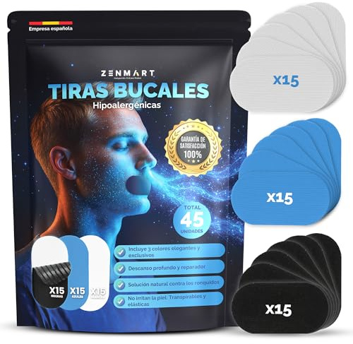 ZENMART® Mouth Tape for sleeping - 45 Tiras Bucales para dormir Premium de algodón en 3 exclusivos colores (Negro Blanco y Azul) Cinta Bucal tapa bocas para dormir Parches Boca Cerrada