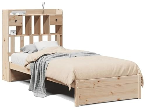 Eleganz Massivholzbett Kiefer 90x200 cm mit Regal - Langlebiges Holz Bettgestell ohne Matratze, Stauraum Lösung für kleine Räume, Natürliches Design für Schlafzimmer